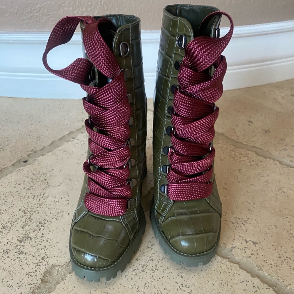 SCHUTZ Green and Burgundy Croc-Embossed Combat Boots